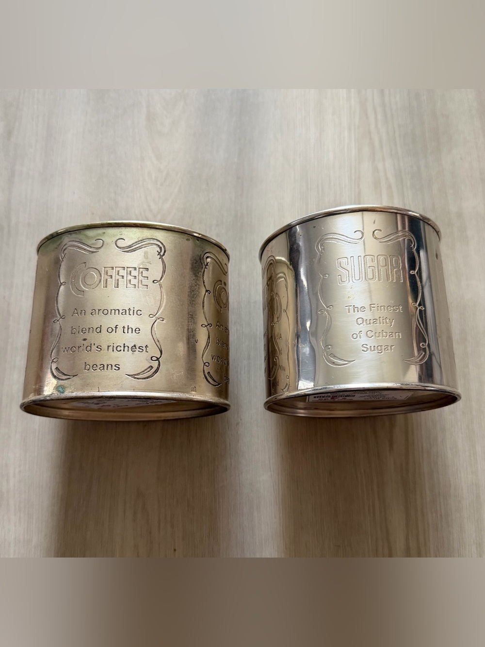 Vintage Antique Solid Brass Canisters w/ Lids Coffee & Sugar * See Pics